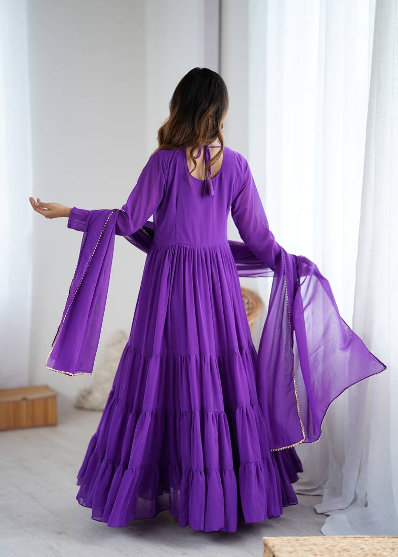 Purple floral print georgette stitched anarkali style gown with dupatta for women