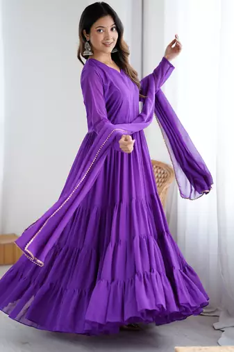 Purple floral print georgette stitched anarkali style gown with dupatta for women