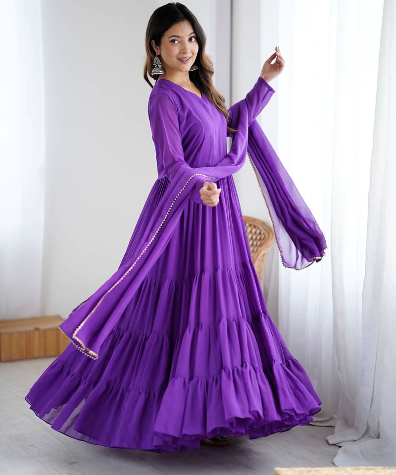 Purple floral print georgette stitched anarkali style gown with dupatta for women