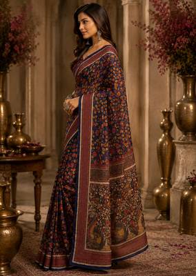 navy blue printed chanderi cotton ready to wear saree with unstitched blouse 3