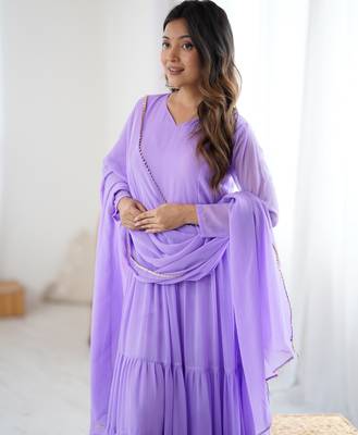 Lavender floral print georgette stitched anarkali style gown with dupatta for women 2