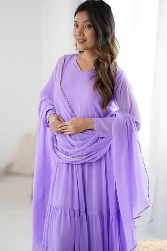 Lavender floral print georgette stitched anarkali style gown with dupatta for women