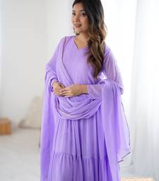 Lavender floral print georgette stitched anarkali style gown with dupatta for women