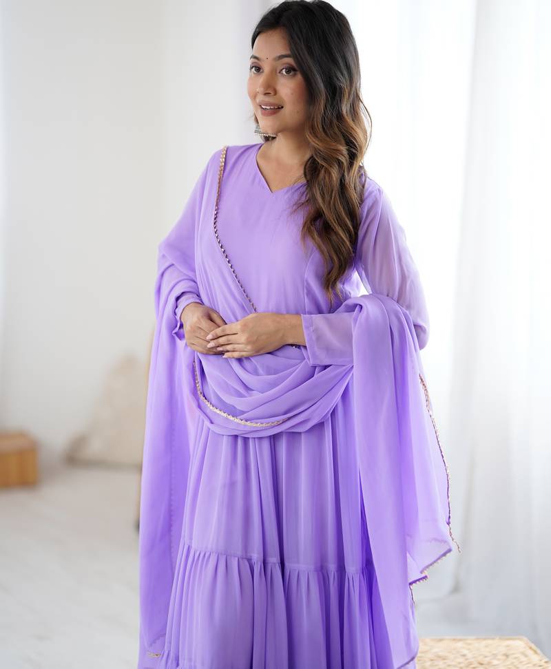 Lavender floral print georgette stitched anarkali style gown with dupatta for women