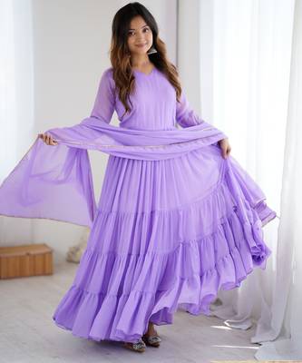 Lavender floral print georgette stitched anarkali style gown with dupatta for women 1