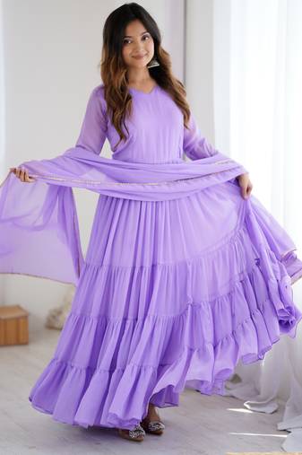 Lavender floral print georgette stitched anarkali style gown with dupatta for women