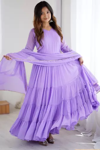 Lavender floral print georgette stitched anarkali style gown with dupatta for women
