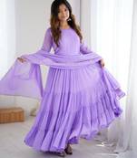 Lavender floral print georgette stitched anarkali style gown with dupatta for women