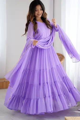 Lavender floral print georgette stitched anarkali style gown with dupatta for women