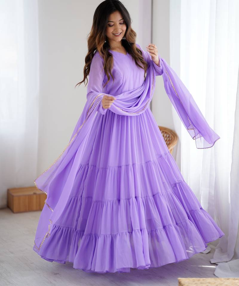 Lavender floral print georgette stitched anarkali style gown with dupatta for women