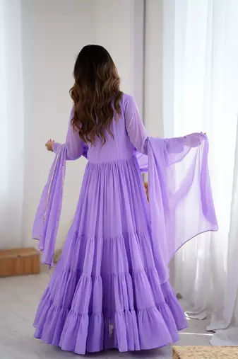 Lavender floral print georgette stitched anarkali style gown with dupatta for women