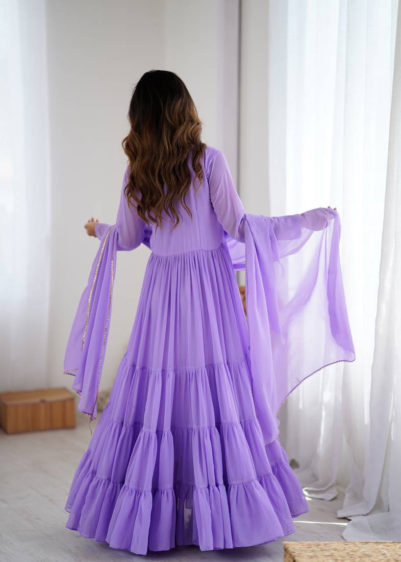 Lavender floral print georgette stitched anarkali style gown with dupatta for women