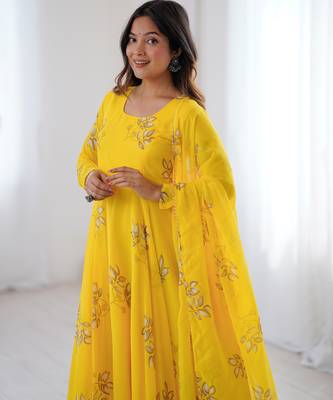 Yellow floral print georgette stitched anarkali style gown with dupatta for women 1