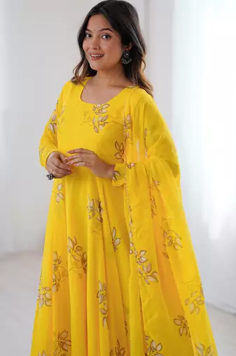 Yellow floral print georgette stitched anarkali style gown with dupatta for women
