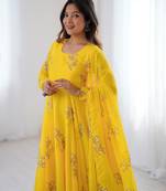Yellow floral print georgette stitched anarkali style gown with dupatta for women