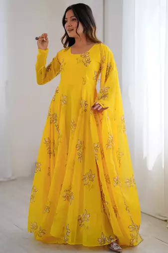 Yellow floral print georgette stitched anarkali style gown with dupatta for women