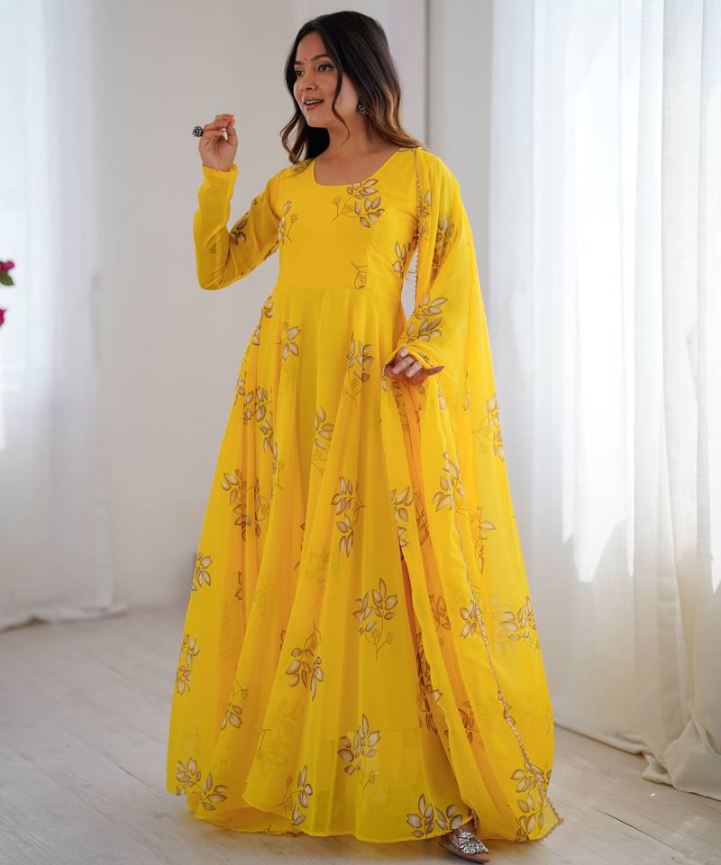 Yellow floral print georgette stitched anarkali style gown with dupatta for women