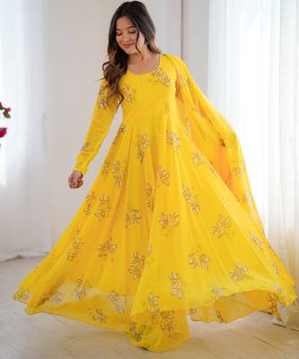 Yellow floral print georgette stitched anarkali style gown with dupatta for women 3