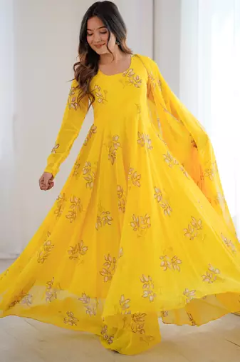 Yellow floral print georgette stitched anarkali style gown with dupatta for women