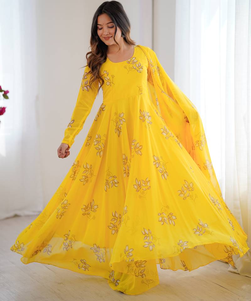 Yellow floral print georgette stitched anarkali style gown with dupatta for women