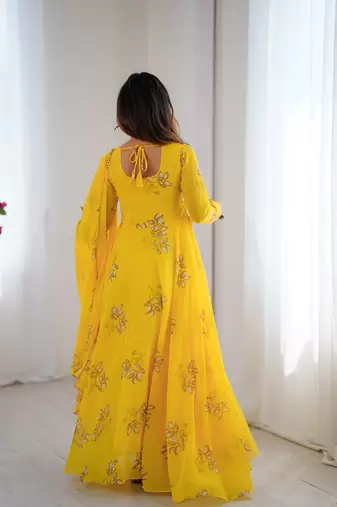 Yellow floral print georgette stitched anarkali style gown with dupatta for women