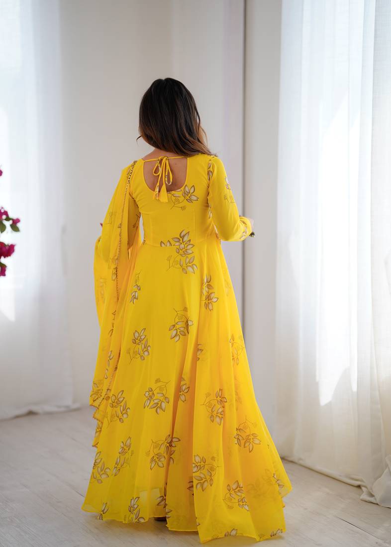 Yellow floral print georgette stitched anarkali style gown with dupatta for women