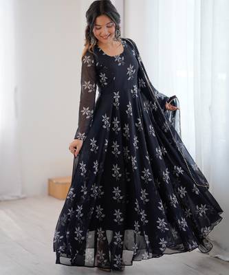 Black floral print georgette stitched anarkali style gown with dupatta for women 1