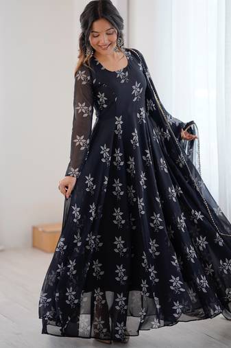 Black floral print georgette stitched anarkali style gown with dupatta for women