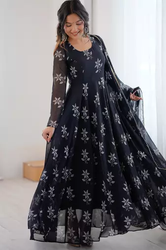 Black floral print georgette stitched anarkali style gown with dupatta for women