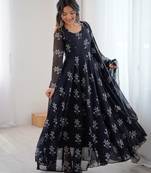 Black floral print georgette stitched anarkali style gown with dupatta for women