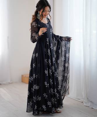 Black floral print georgette stitched anarkali style gown with dupatta for women 2