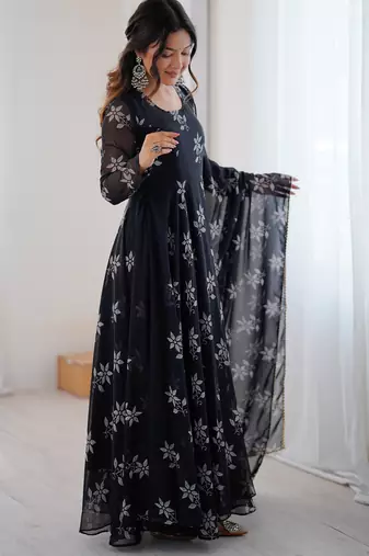 Black floral print georgette stitched anarkali style gown with dupatta for women