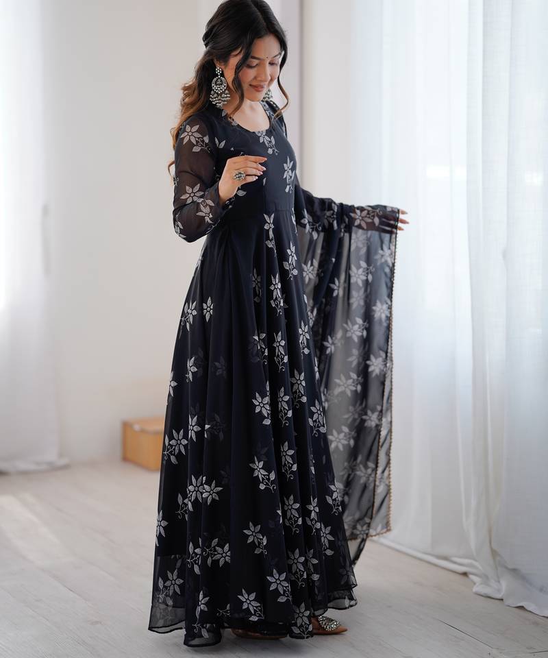 Black floral print georgette stitched anarkali style gown with dupatta for women