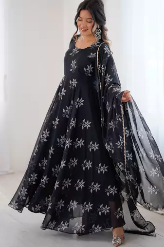 Black floral print georgette stitched anarkali style gown with dupatta for women