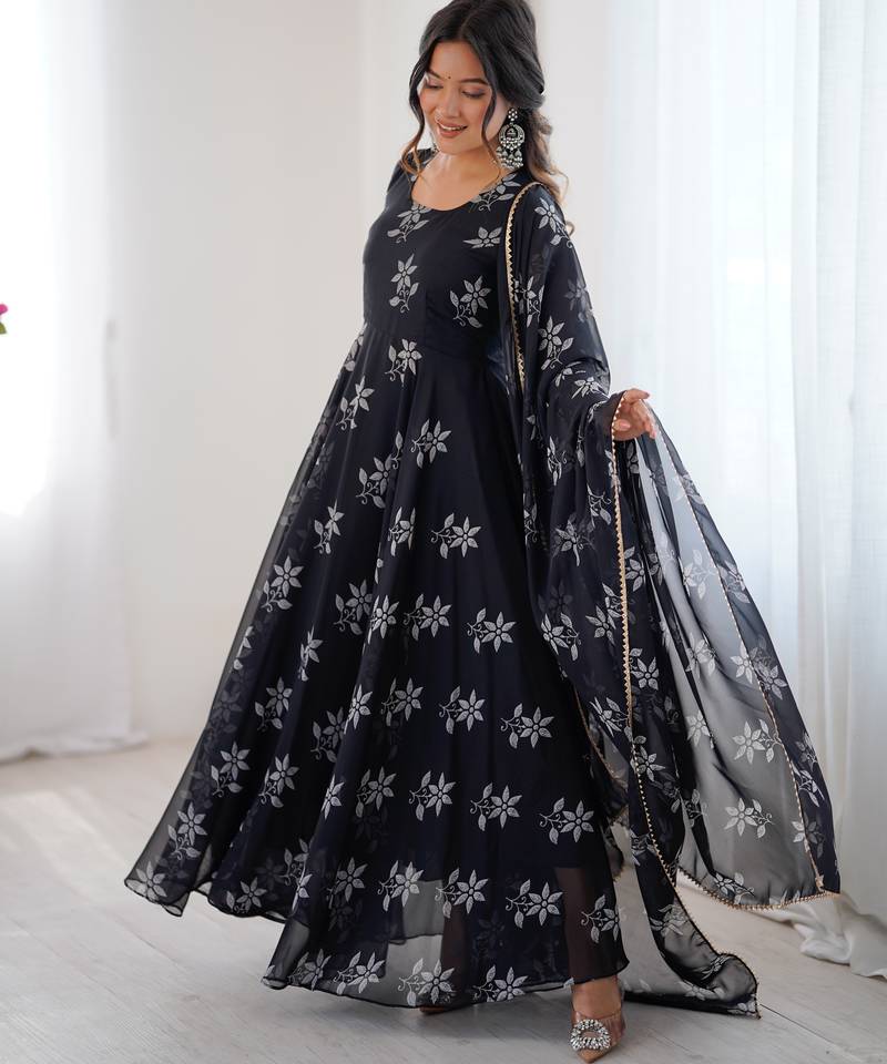 Black floral print georgette stitched anarkali style gown with dupatta for women
