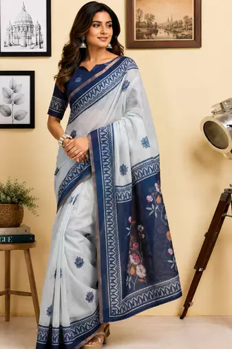 off white blue printed chanderi cotton ready to wear saree with unstitched blouse
