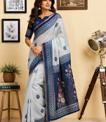 off white blue printed chanderi cotton ready to wear saree with unstitched blouse