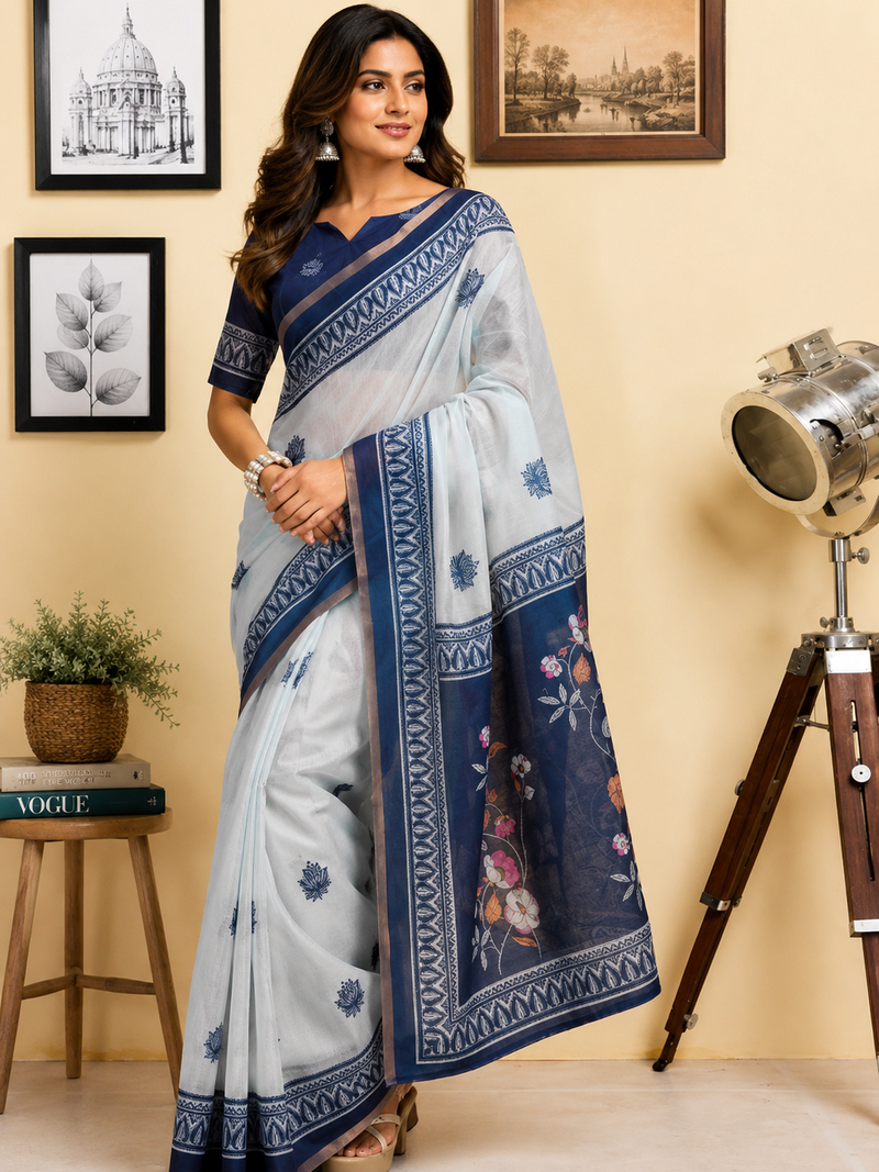 off white blue printed chanderi cotton ready to wear saree with unstitched blouse