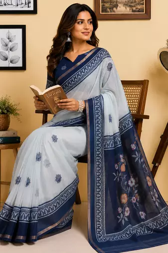 off white blue printed chanderi cotton ready to wear saree with unstitched blouse