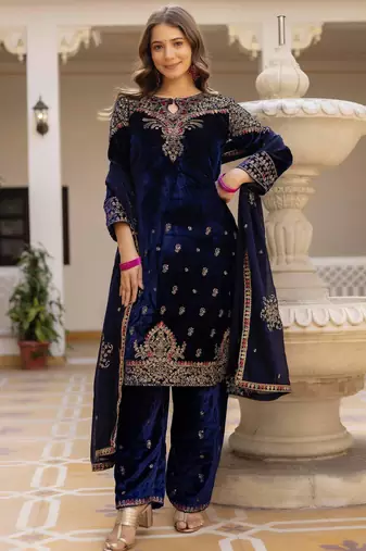 Blue embroidered faux georgette women's kurta set