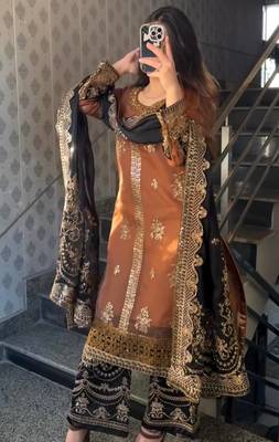 Golden embroidered faux georgette women's kurta set 1