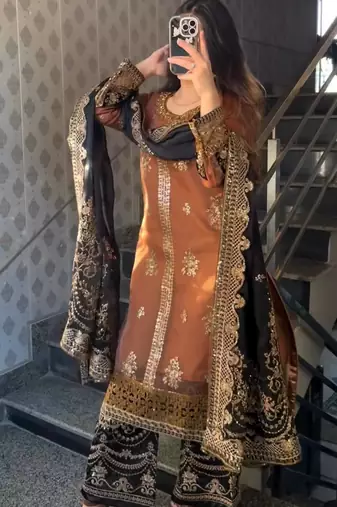 Golden embroidered faux georgette women's kurta set