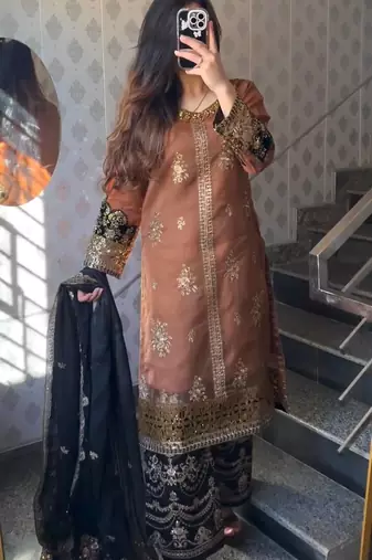 Golden embroidered faux georgette women's kurta set