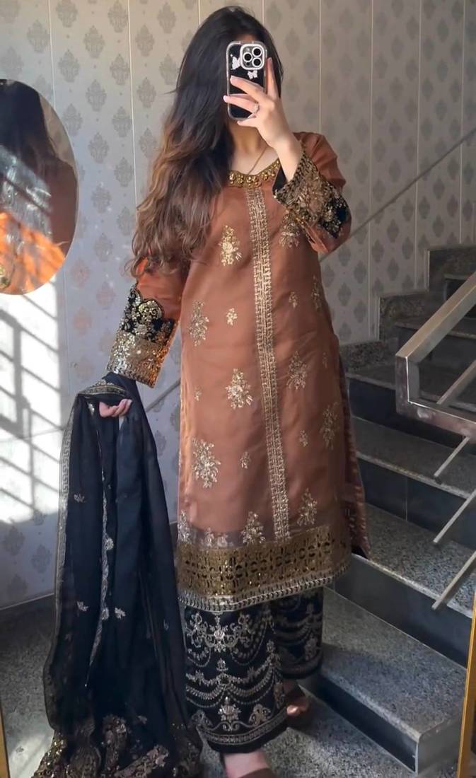 Golden embroidered faux georgette women's kurta set