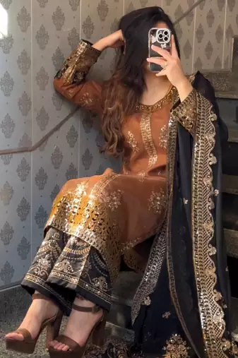Golden embroidered faux georgette women's kurta set