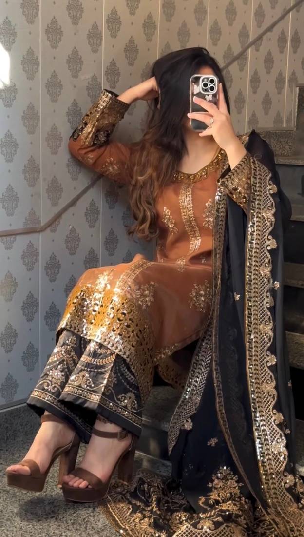 Golden embroidered faux georgette women's kurta set