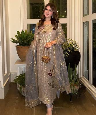 Golden embroidered faux georgette women's kurta set 1