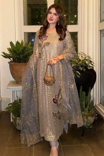 Golden embroidered faux georgette women's kurta set