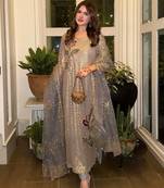 Golden embroidered faux georgette women's kurta set