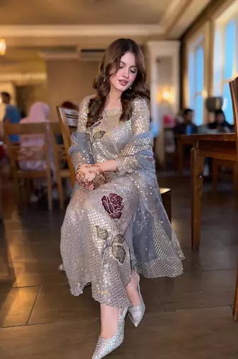 Golden embroidered faux georgette women's kurta set